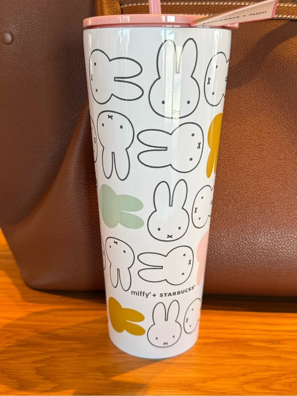 miffy Starbucks White Tumbler with Pink Lid and Pastel Bunny Pattern